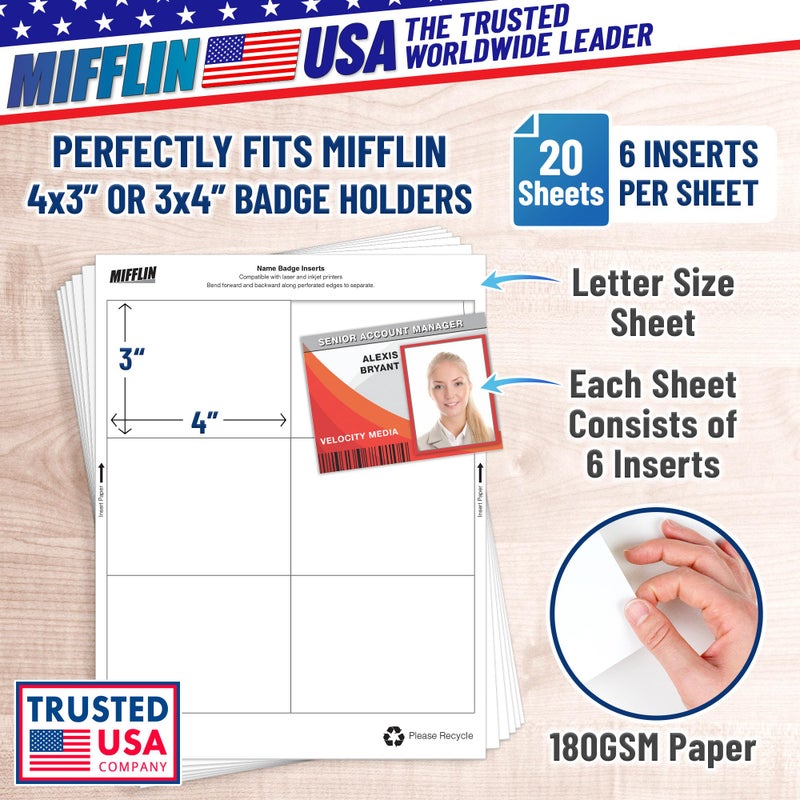 Mifflin-USA Name Badge Inserts, 3"x4" or 4"x3" Badge Inserts (120 Cardstock Refills, 20 Sheets), Compatible with Inkjet, Laser Printer, and Printable Inserts - Image 3